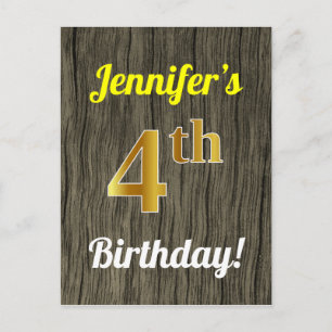 Carte Postale Faux Bois, Faux Or 4e Anniversaire & Nom Personnal