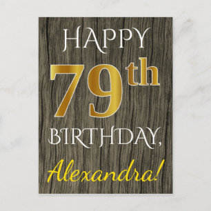 Carte Postale Faux Bois, Faux Or 79e Anniversaire + Nom Personna
