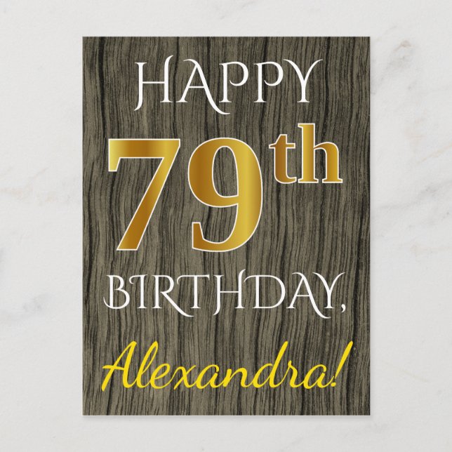 Carte Postale Faux Bois, Faux Or 79e Anniversaire + Nom Personna (Devant)