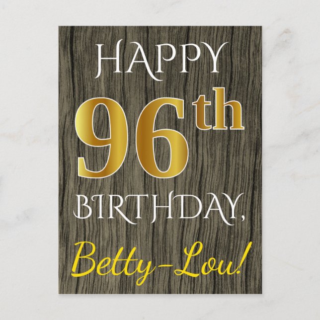 Carte Postale Faux Bois, Faux Or 96e Anniversaire + Nom personna (Devant)