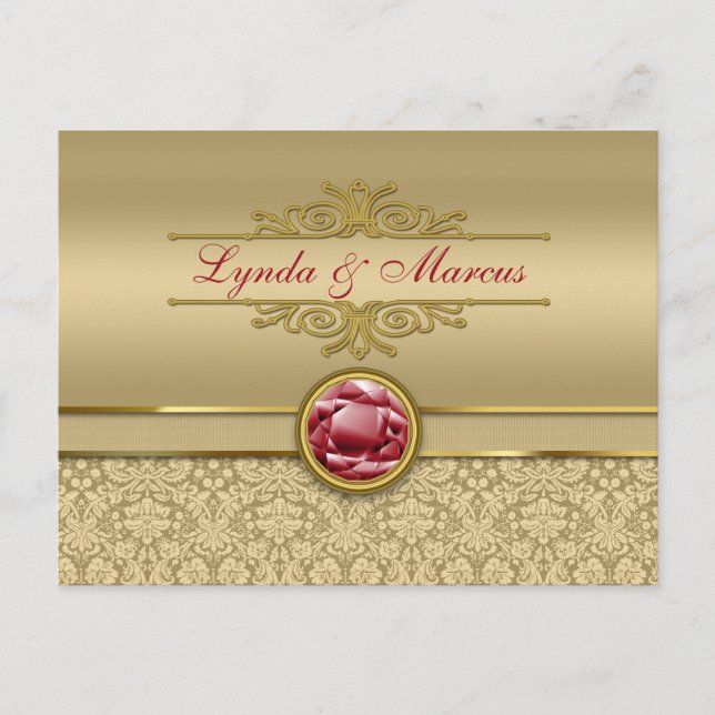Carte Postale Faux Dark Ruby Red Gemstone Metallic Gold Damask (Devant)