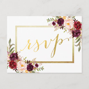 Carte Postale Faux Gold Foil Bourgogne Floral Wedding RSVP