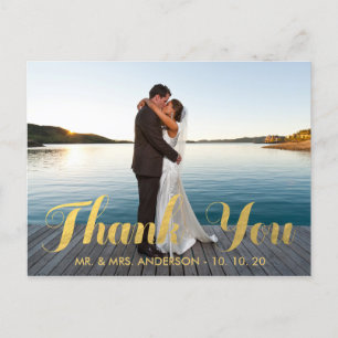 CARTE POSTALE FAUX GOLD FOIL MARIAGE PHOTO MERCI POSTCARD