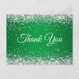 Carte Postale Faux Pailleté Argenté Paillettes Vert Clair Merci