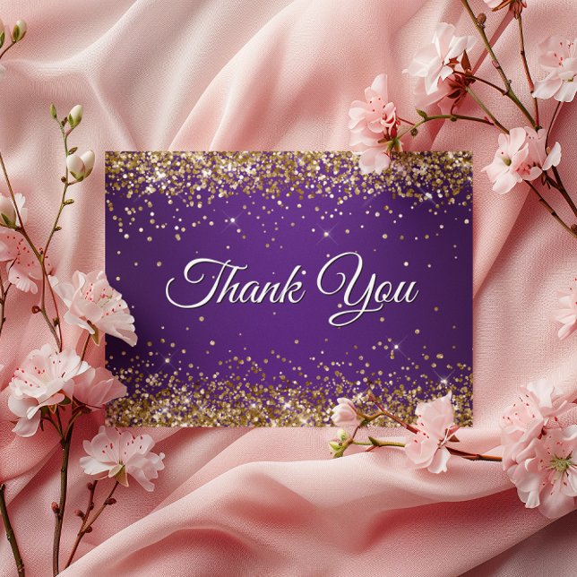 Carte Postale Faux pailleté or scintillant violet royal Merci (Faux Sparkly Gold Glitter Purple Thank You Postcard)