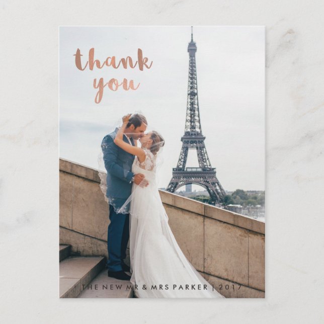 Carte Postale Faux Rose tendance Typographie or Mariage Merci (Devant)