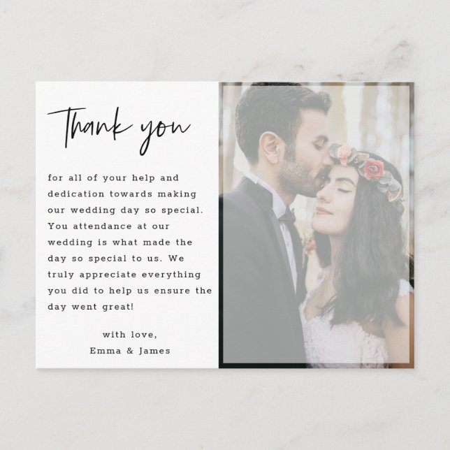Carte Postale Faux Vellum main Lettré Mariage photo Merci (Devant)