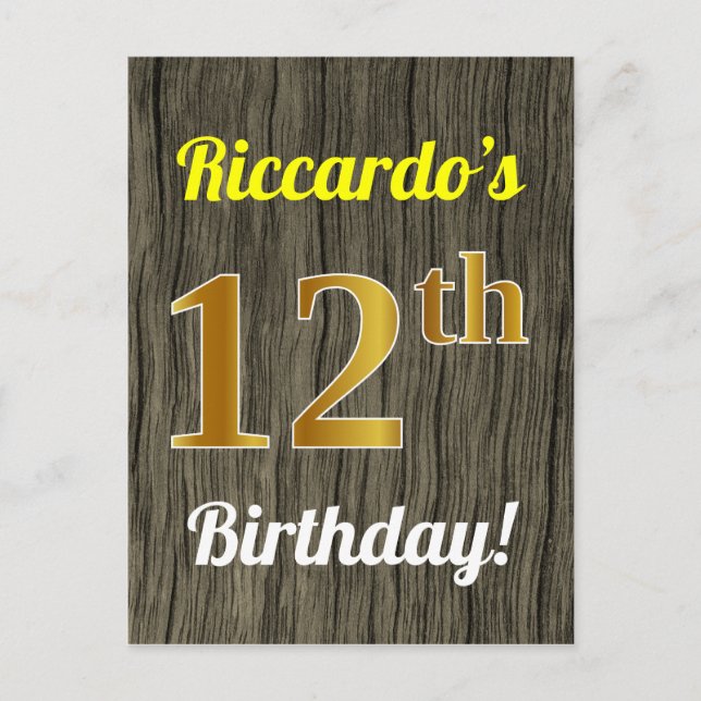 Carte Postale Faux Wood, Faux Gold 12e anniversaire & Nom person (Devant)