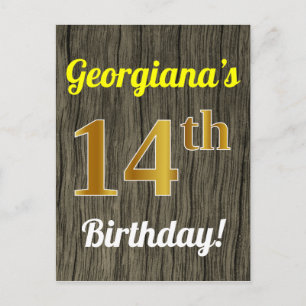 Carte Postale Faux Wood, Faux Gold 14th Birthday & Custom Name