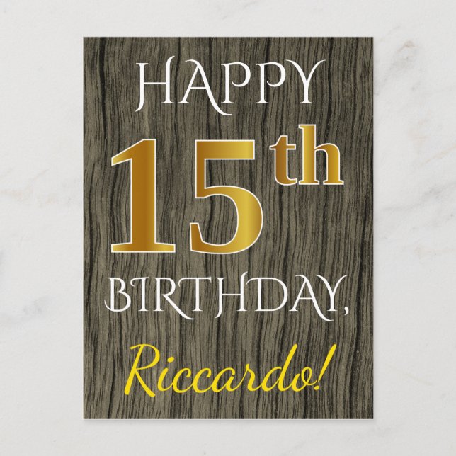 Carte Postale Faux Wood, Faux Gold 15e anniversaire + Nom person (Devant)