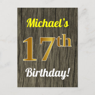 Carte Postale Faux Wood, Faux Gold 17th Birthday & Custom Name
