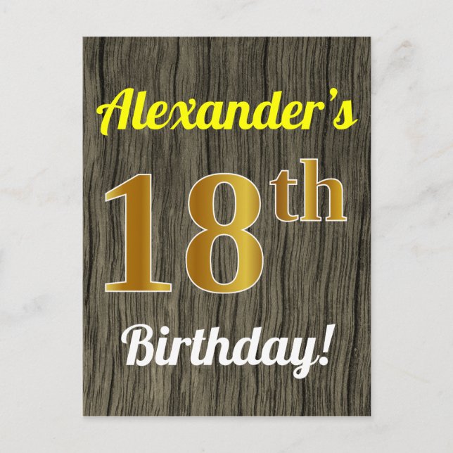 Carte Postale Faux Wood, Faux Gold 18th Birthday & Custom Name (Devant)