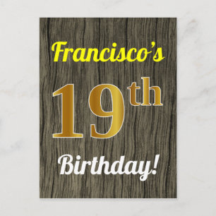 Carte Postale Faux Wood, Faux Gold 19e anniversaire & Nom person