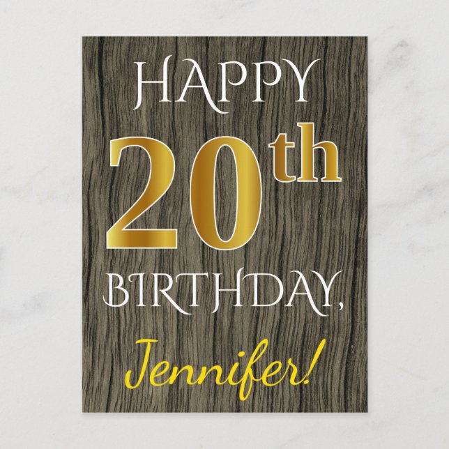 Carte Postale Faux Wood, Faux Gold 20e anniversaire + Nom person (Devant)