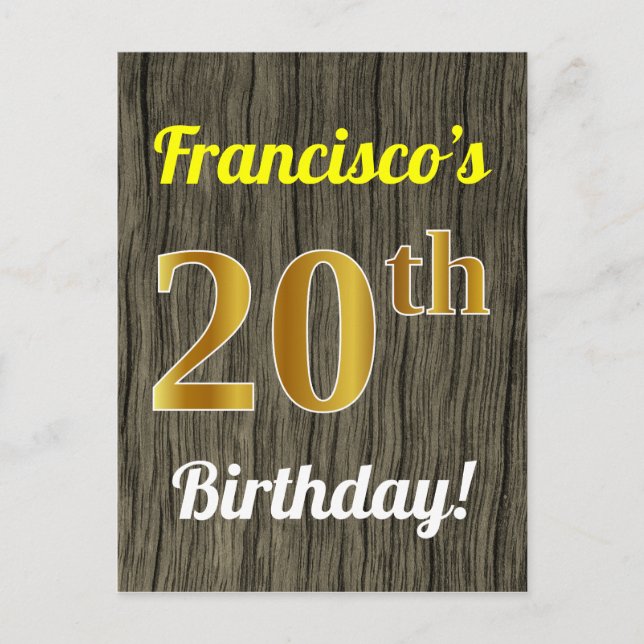 Carte Postale Faux Wood, Faux Gold 20th Birthday & Custom Name (Devant)
