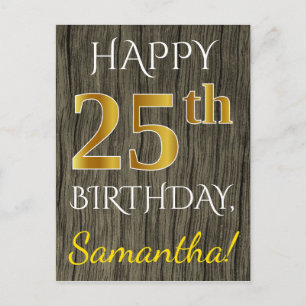 Carte Postale Faux Wood, Faux Gold 25e anniversaire + Nom person