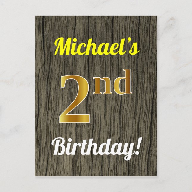 Carte Postale Faux Wood, Faux Gold 2e Anniversaire & Nom personn (Devant)