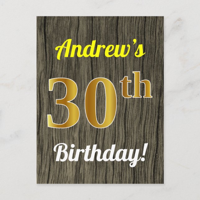 Carte Postale Faux Wood, Faux Gold 30th Birthday & Custom Name (Devant)