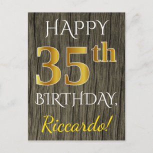 Carte Postale Faux Wood, Faux Gold 35e anniversaire + Nom person