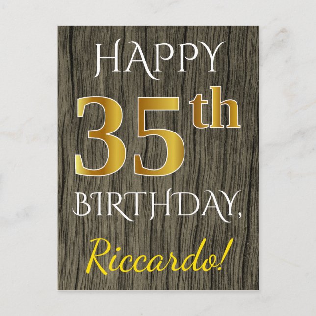 Carte Postale Faux Wood, Faux Gold 35e anniversaire + Nom person (Devant)