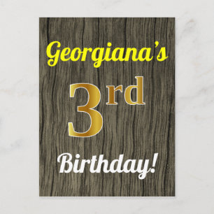 Carte Postale Faux Wood, Faux Gold 3e anniversaire et nom person