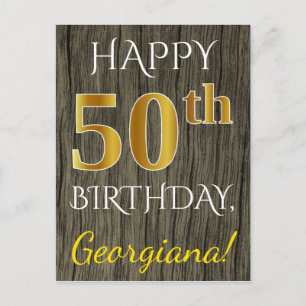 Carte Postale Faux Wood, Faux Gold 50e anniversaire + Nom person