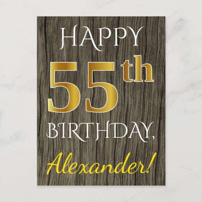 Carte Postale Faux Wood, Faux Gold 55e anniversaire + Nom person (Devant)