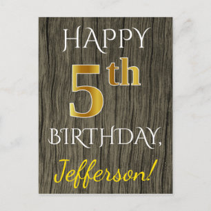 Carte Postale Faux Wood, Faux Gold 5e anniversaire + Nom personn