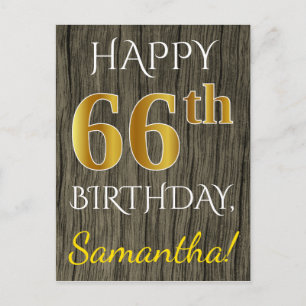 Carte Postale Faux Wood, Faux Gold 66e anniversaire + Nom person