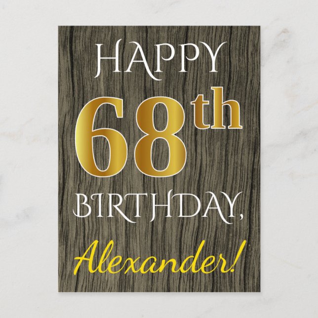 Carte Postale Faux Wood, Faux Gold 68e anniversaire + Nom person (Devant)