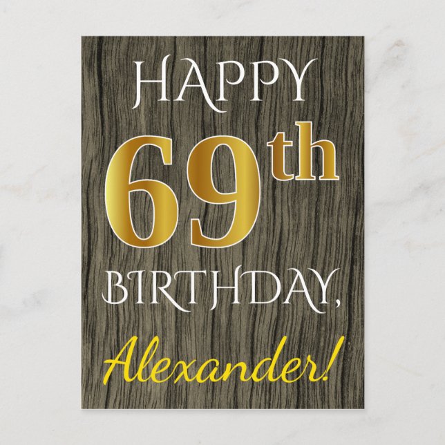 Carte Postale Faux Wood, Faux Gold 69e anniversaire + Nom person (Devant)