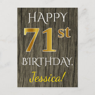 Carte Postale Faux Wood, Faux Gold 71e anniversaire + Nom person