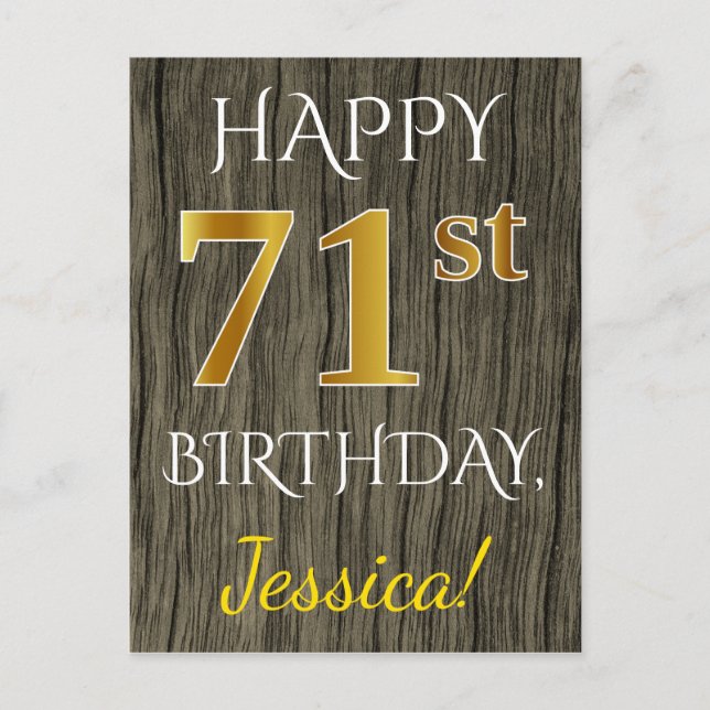 Carte Postale Faux Wood, Faux Gold 71e anniversaire + Nom person (Devant)