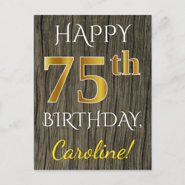 Carte Postale Faux Wood, Faux Gold 75e anniversaire + Nom person (Devant)
