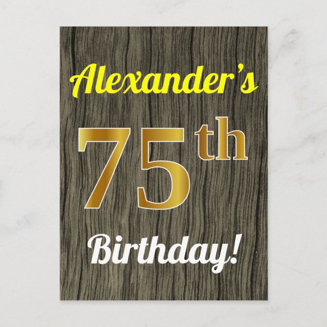 Carte Postale Faux Wood, Faux Gold 75e Anniversaire & Nom person (Devant)