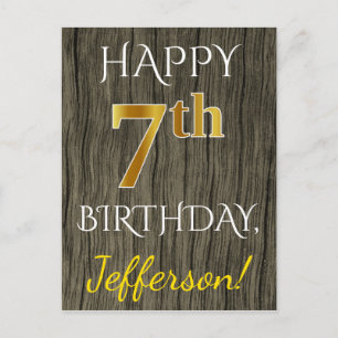 Carte Postale Faux Wood, Faux Gold 7e anniversaire + Nom personn