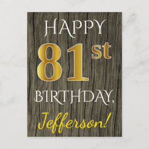 Carte Postale Faux Wood, Faux Gold 81e anniversaire + Nom person
