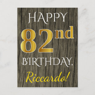 Carte Postale Faux Wood, Faux Gold 82e anniversaire + Nom person