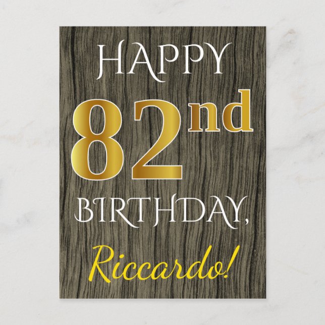 Carte Postale Faux Wood, Faux Gold 82e anniversaire + Nom person (Devant)