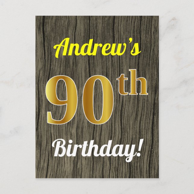 Carte Postale Faux Wood, Faux Gold 90th Birthday & Custom Name (Devant)