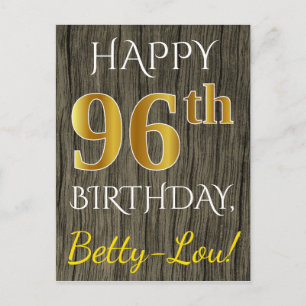 Carte Postale Faux Wood, Faux Gold 96e anniversaire + Nom person