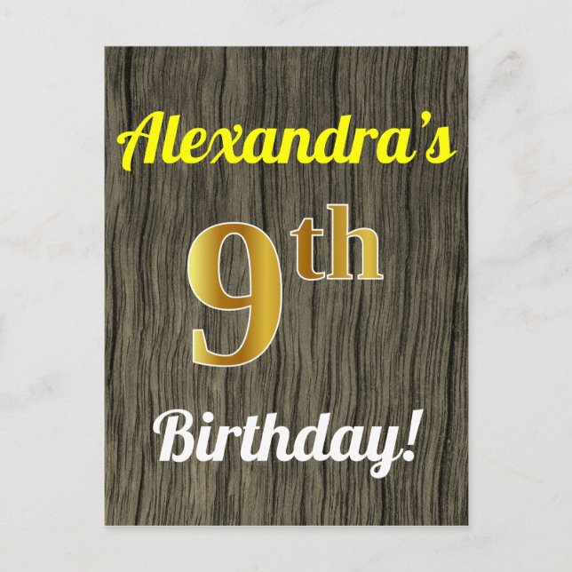 Carte Postale Faux Wood, Faux Gold 9th Birthday & Custom Name (Devant)