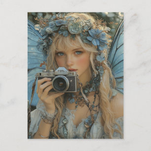 Carte Postale Fée adorable avec ailes bleues et une caméra