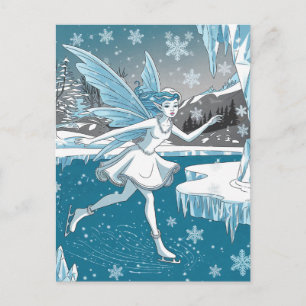 Carte Postale Fée adorable de patin à glace bleu blanc