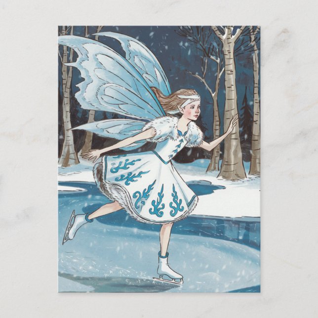 Carte Postale Fée adorable du patin à glace bleu blanc hiver (Devant)