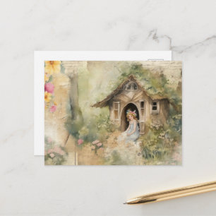 Carte Postale Fée assise dans l'encadrement de la porte de sa ma