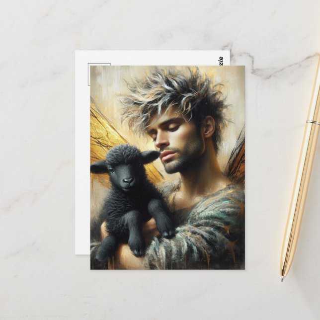 Carte Postale Fée Avec Agneau Noir (Devant/Arrière en situation)