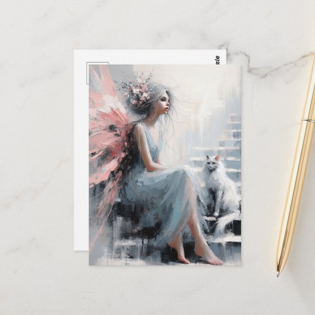 Carte Postale Fée avec chat blanc sur les escaliers (Devant/Arrière en situation)