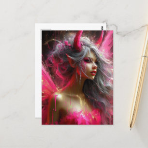 Carte Postale Fée avec des cornes dans une robe rose vif