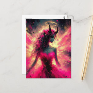 Carte Postale Fée avec des cornes qui tiennent son halo en rose